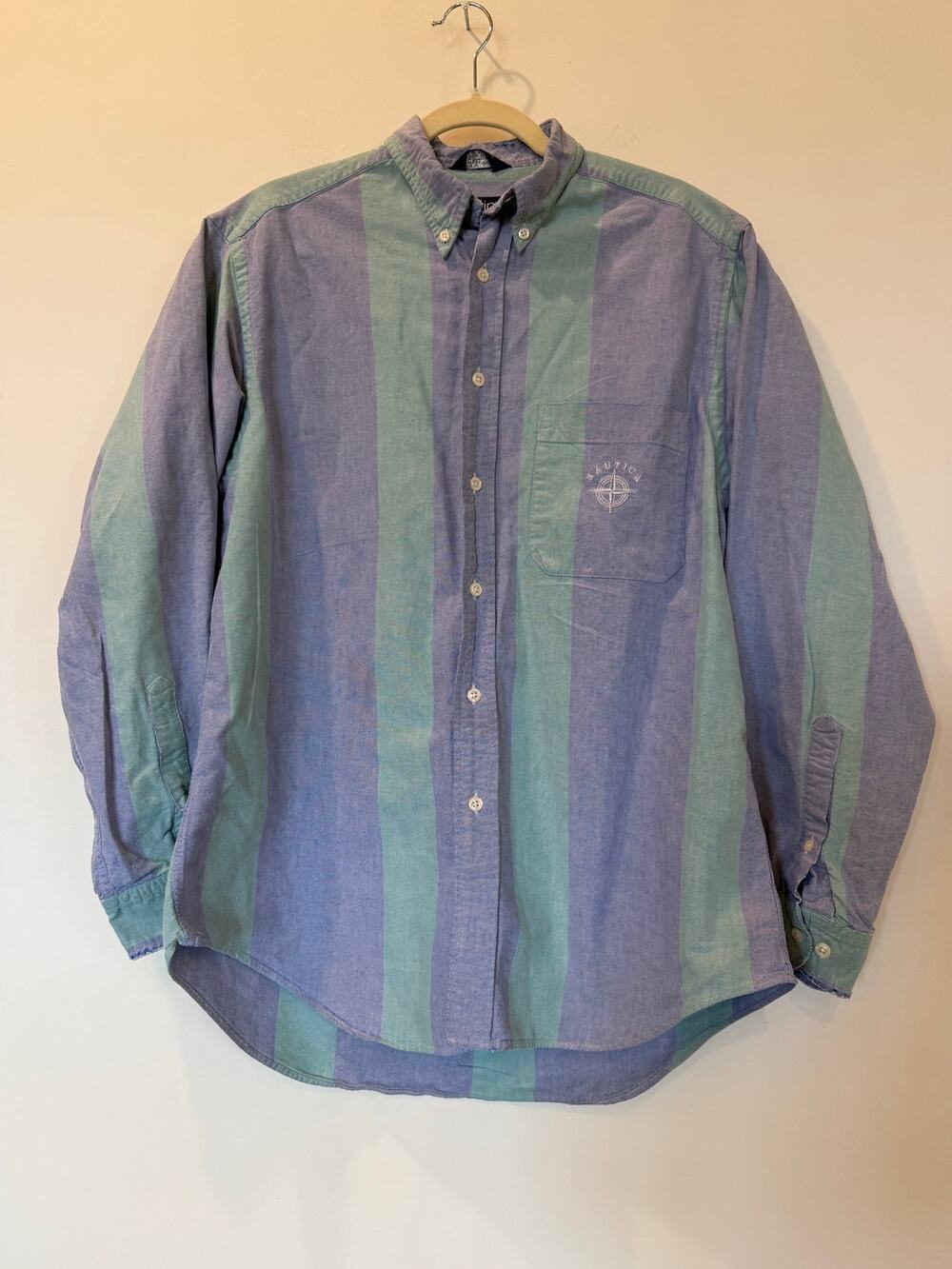 Vtg 90s Nautica 100% cotton chambray mens button down M Blue Aqua Green
